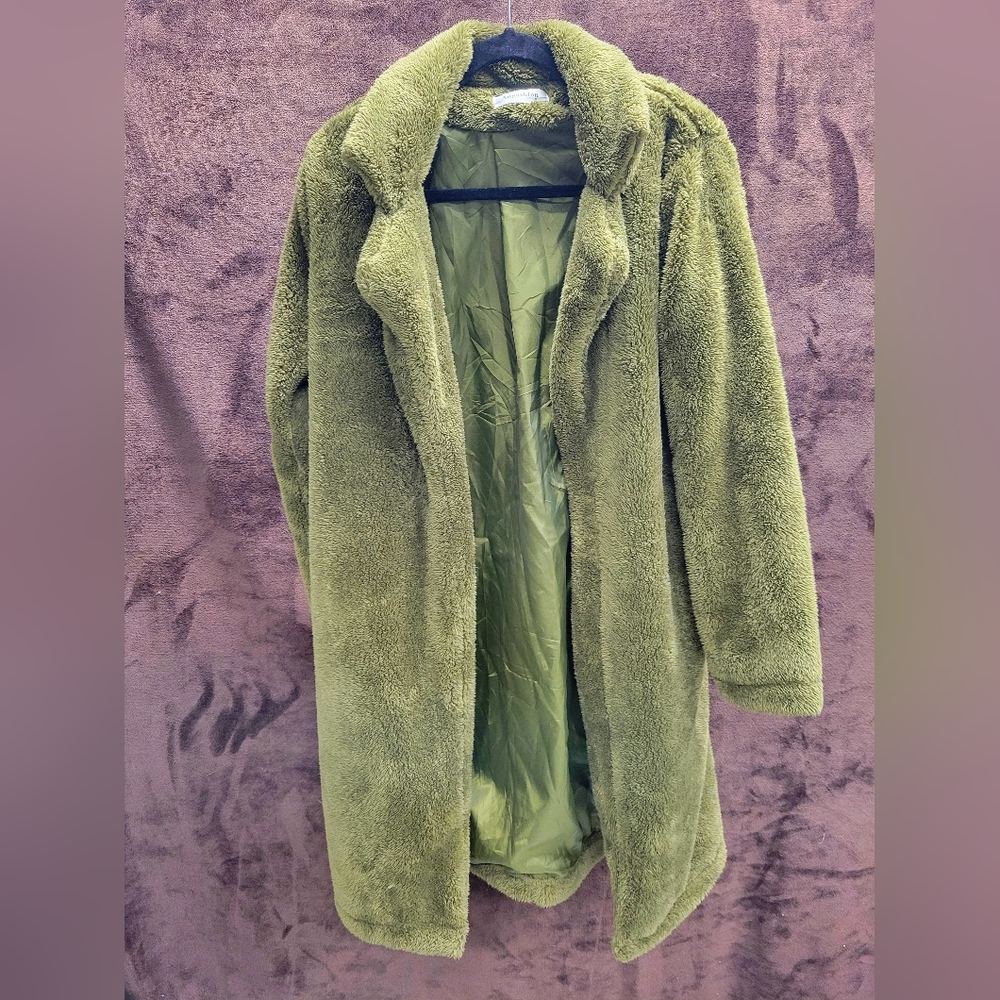 Angashion Long Open Front Womens Fuzzy Fleece Green Coat Small
